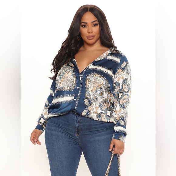 Fashion Nova NWOT Posh And Deluxe Satin Paisley Shirt | Blue/combo | Size 2XL - Picture 6 of 15